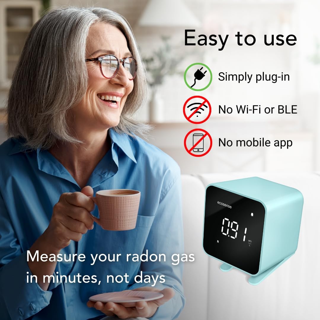 Ecosense EB100 EcoBlu, detector digital de radón, rápido y preciso, monitoreo a corto y largo plazo, pantalla LED de tamaño completo, fácil de usar