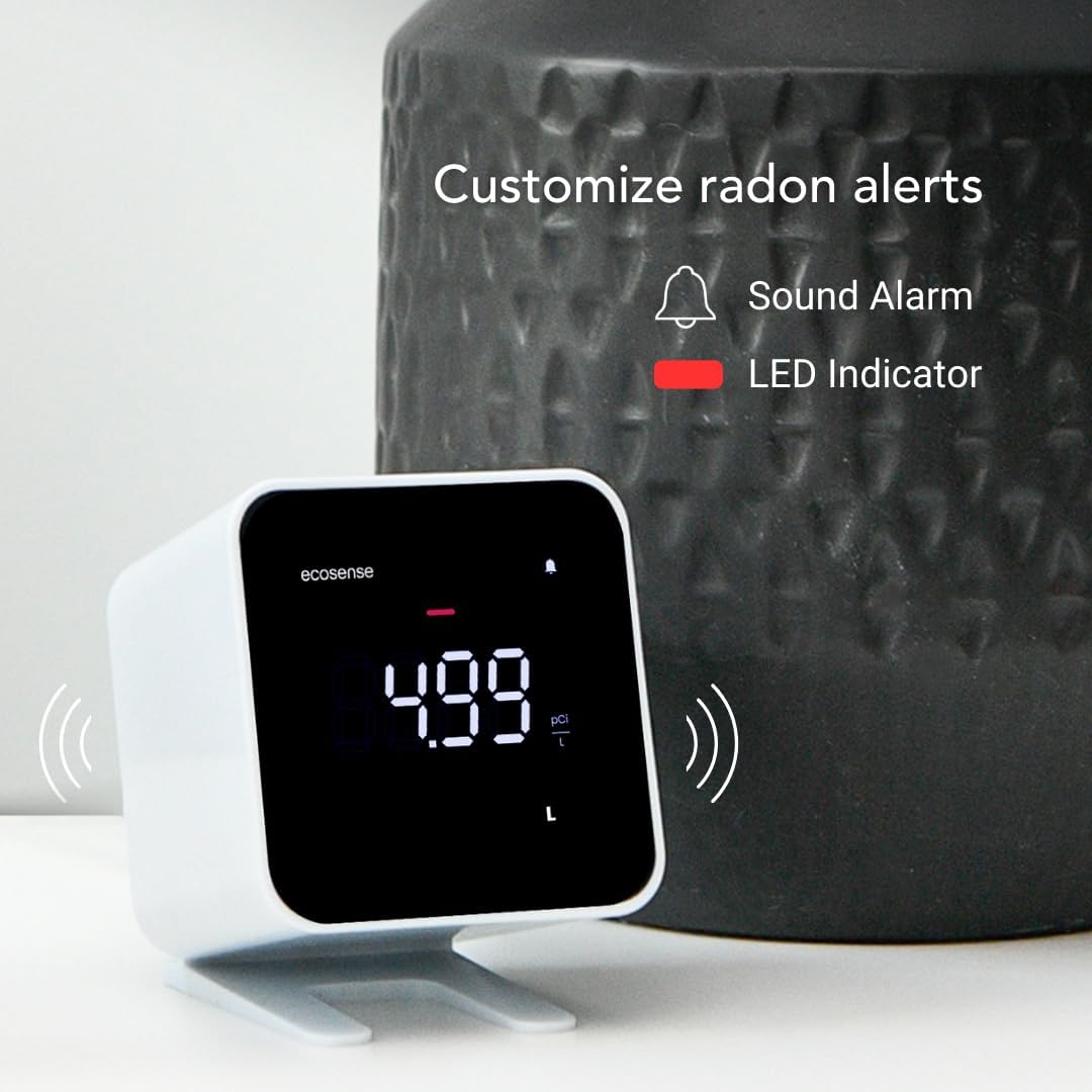 Ecosense EB100 EcoBlu, detector digital de radón, rápido y preciso, monitoreo a corto y largo plazo, pantalla LED de tamaño completo, fácil de usar