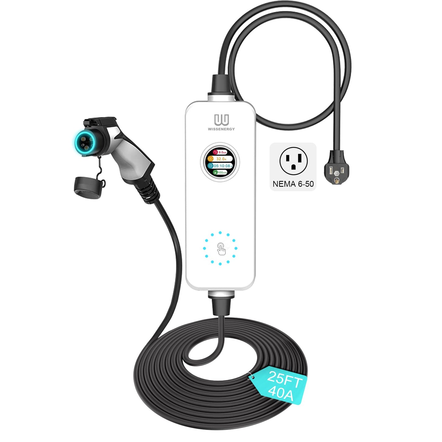 WISSENERGY Cargador eléctrico portátil de nivel 2 EV 40A 220V-240V con cable de 25 pies, estación de carga para el hogar EV, conector SAE J1772, NEMA 6-50 (40A, NEMA 6-50)