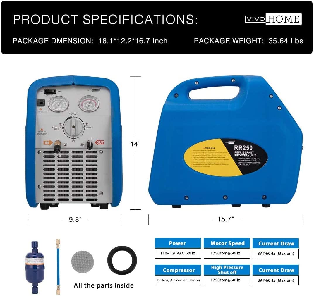 VIVOHOME Máquina de recuperación de refrigerante portátil de 110-120 V CA 60 Hz 3/4 HP de un solo cilindro