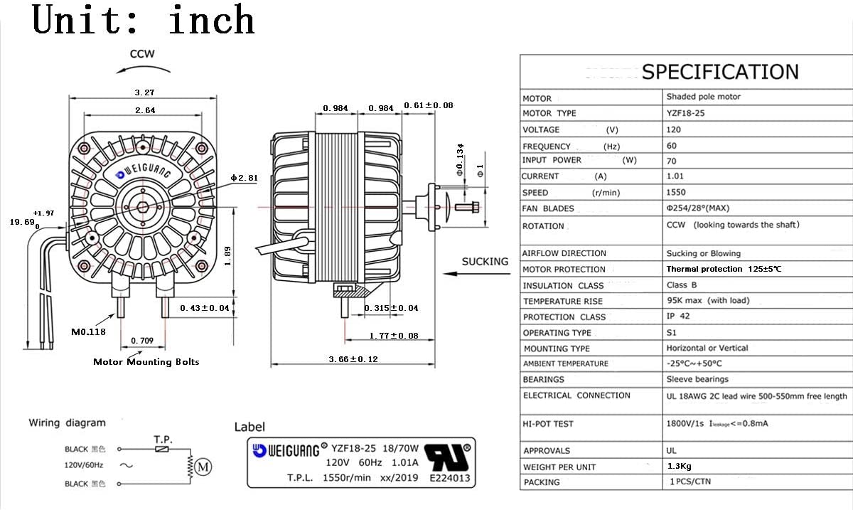 Motor de poste sombreado de 120 V, 60 Hz, 1.01 A, 18 W, motor de ventilador de CA para pequeños equipos de ventilación, evaporador de radiador de equipo de refrigeración (YZF18-25)