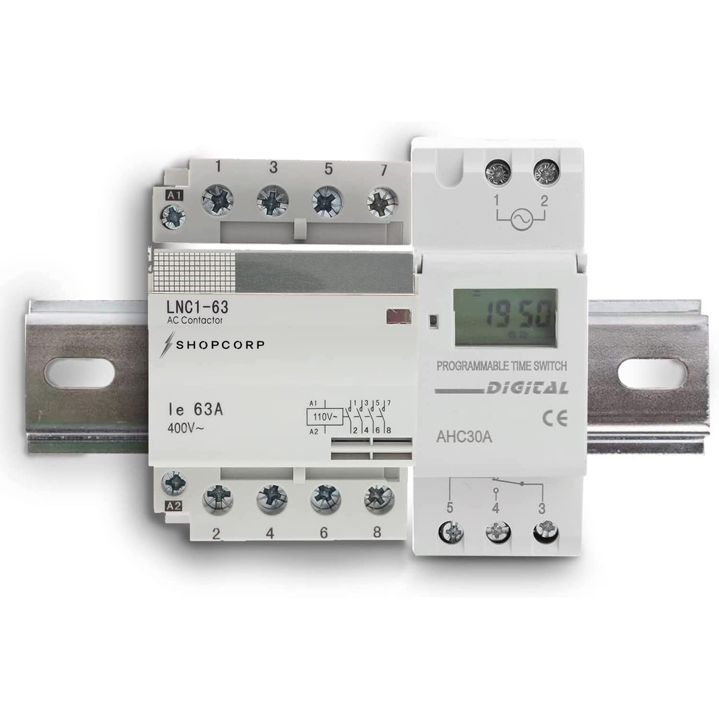 Bobina de 40 amperios, 4 polos, normalmente abierta, 110-120 V CA (funcionamiento silencioso), carga del motor 40 A y carga de iluminación, paquete de contactores 63 A con temporizador electrónico programable 24-7 y riel DIN 35 x 150 mm