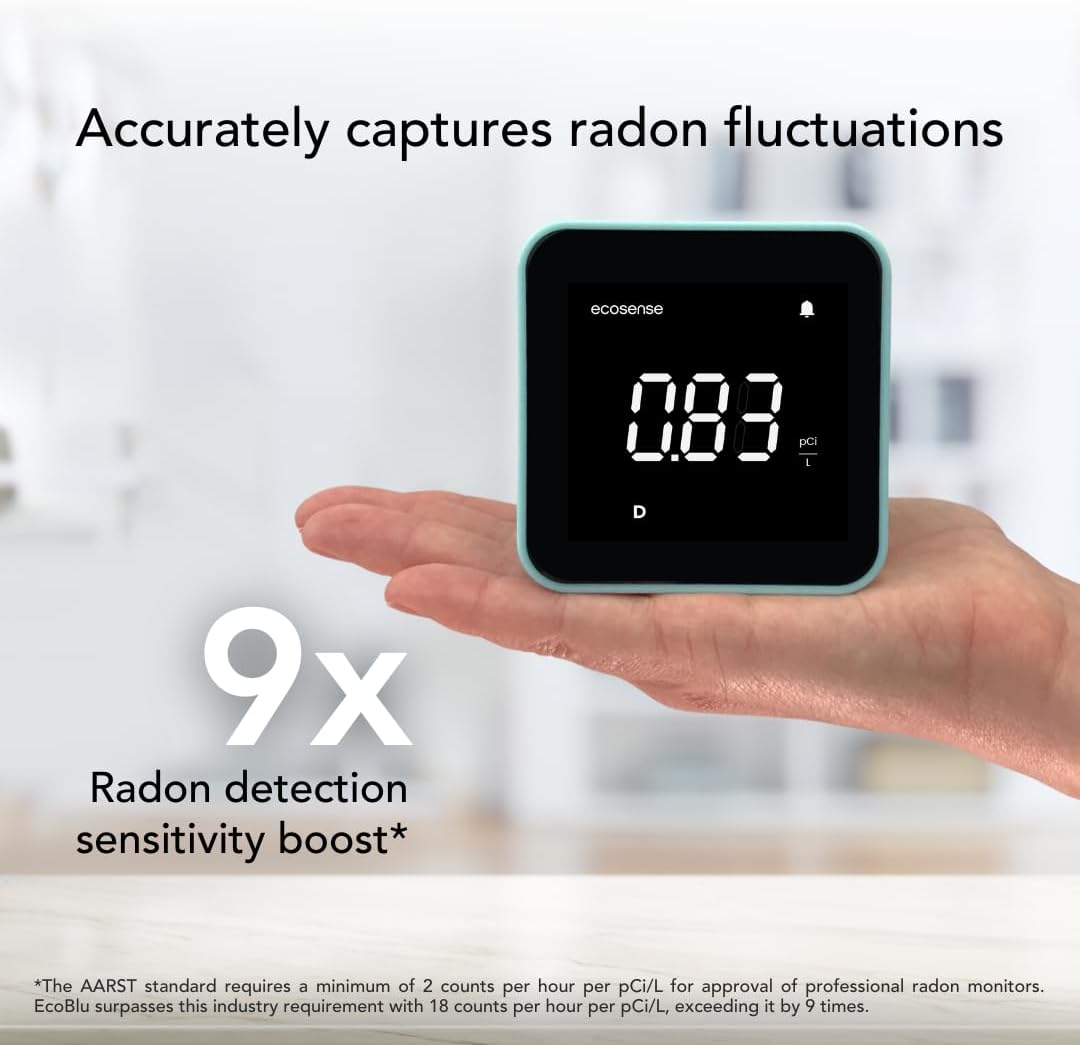 Ecosense EB100 EcoBlu, detector digital de radón, rápido y preciso, monitoreo a corto y largo plazo, pantalla LED de tamaño completo, fácil de usar