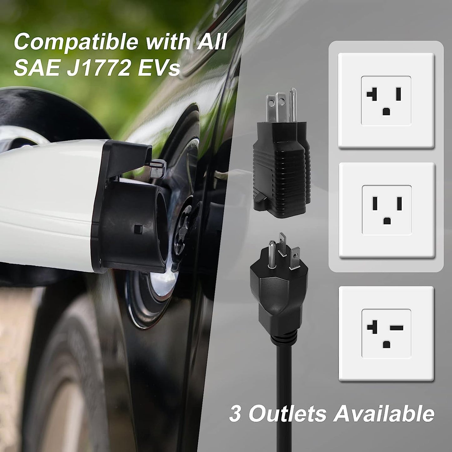 Cargador EV de Nivel 1-2 de Megear (100-240 V, 16 A) Estación de Carga de vehículos eléctricos domésticos EVSE portátil (NEMA6-20 con Adaptador para NEMA5-15)