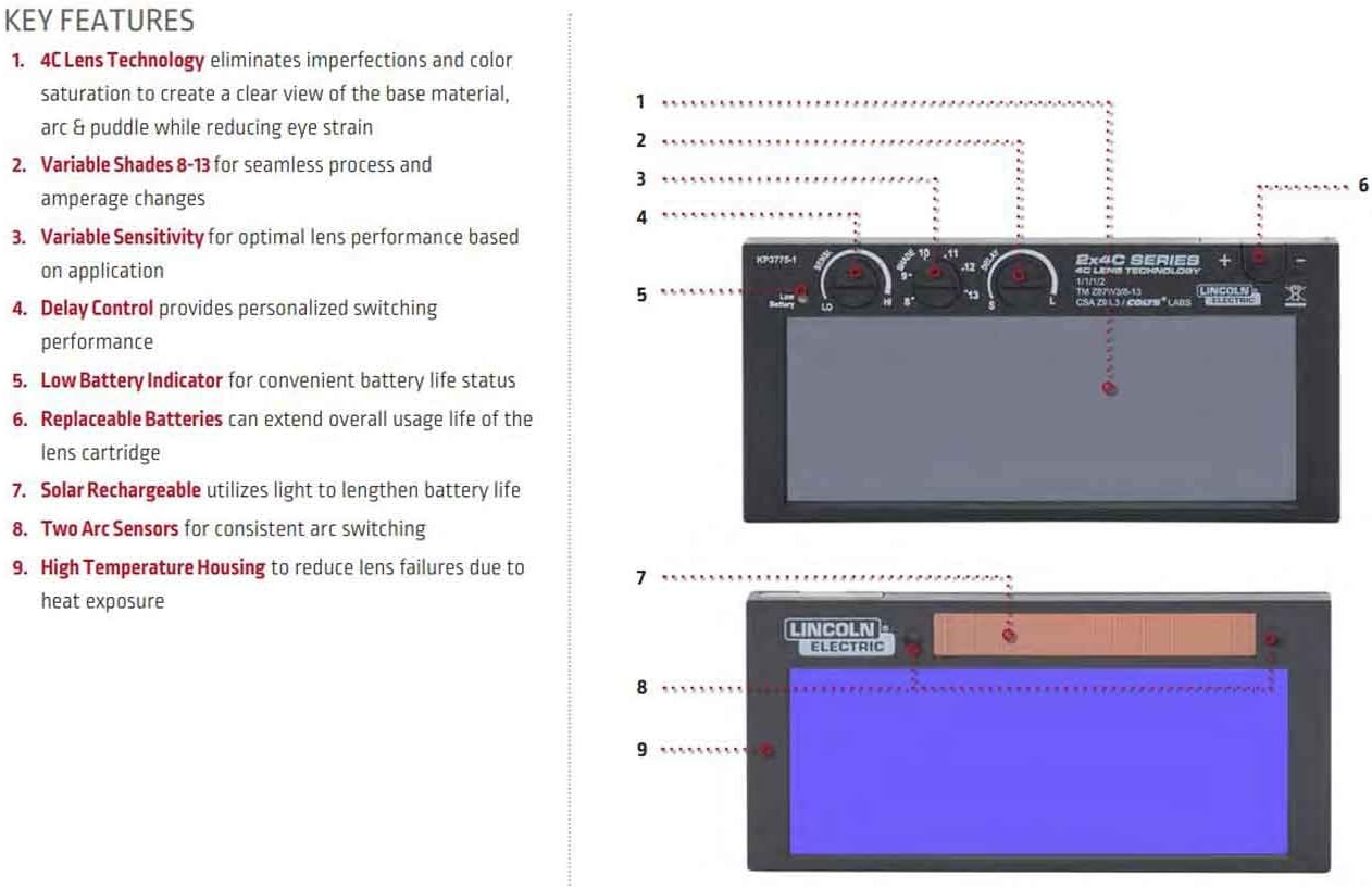 LINCOLN ELECTRIC Lente de soldadura de oscurecimiento automático serie C 2x4, sombra variable 8-13 KP3775-1