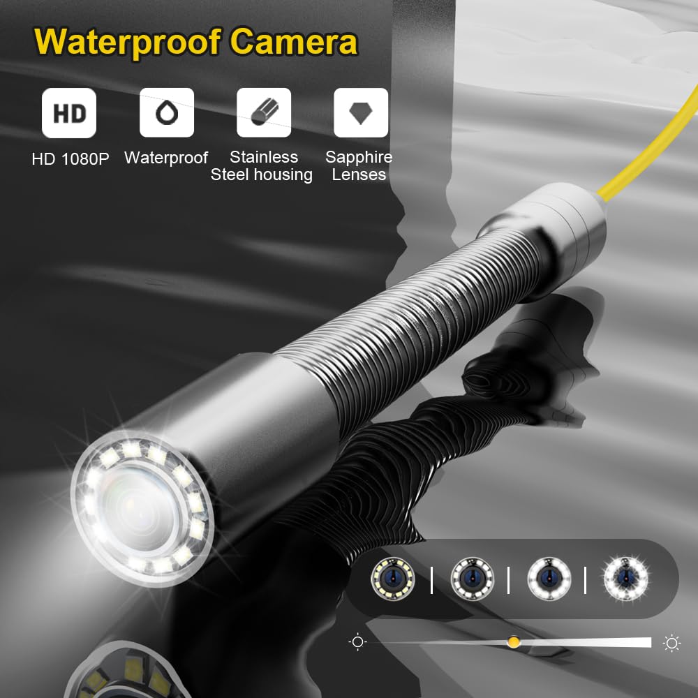 Cámara de alcantarillado con 512Hz Sonde autonivelante, cámara de inspección de tuberías con grabadora DVR, endoscopio con contador de medidor, 12 luces LED para fontanería de 66 pies/65.6 ft (tarjeta SD de 16 GB incluida)