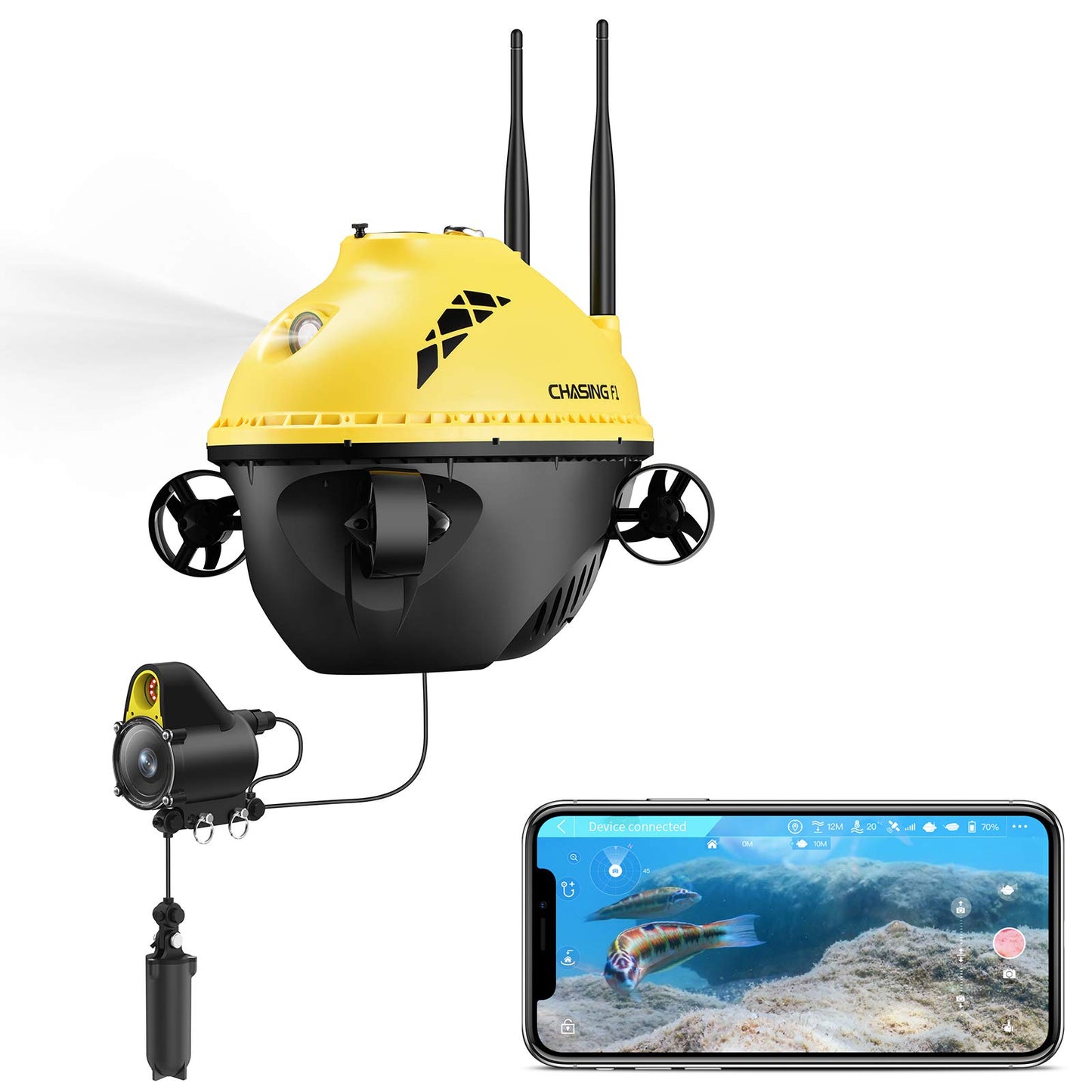 Chasing F1 Drone subacuático; dron submarino portátil con cámara Full HD 1080P y escena infrarroja nocturna; detección de profundidad y temperatura de 65 pies; pantalla en tiempo real; videocámaras submarinas; pesca en hielo
