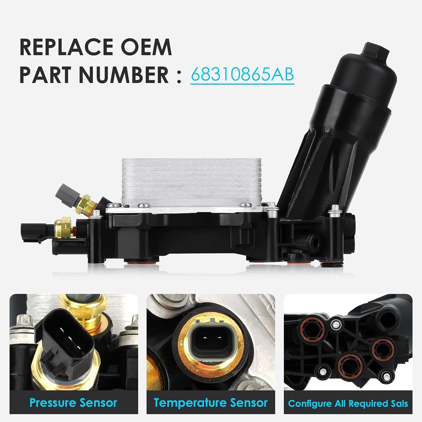 68310865AB 3.6L V6 Enfriador de aceite de motor Enfriador de aceite Adaptador de carcasa de filtro de aceite, para Jeep Cherokee/Wrangler, Dodge Challenger/Charger/Grand Caravan/Journey, ProMaster, Chrysler 300