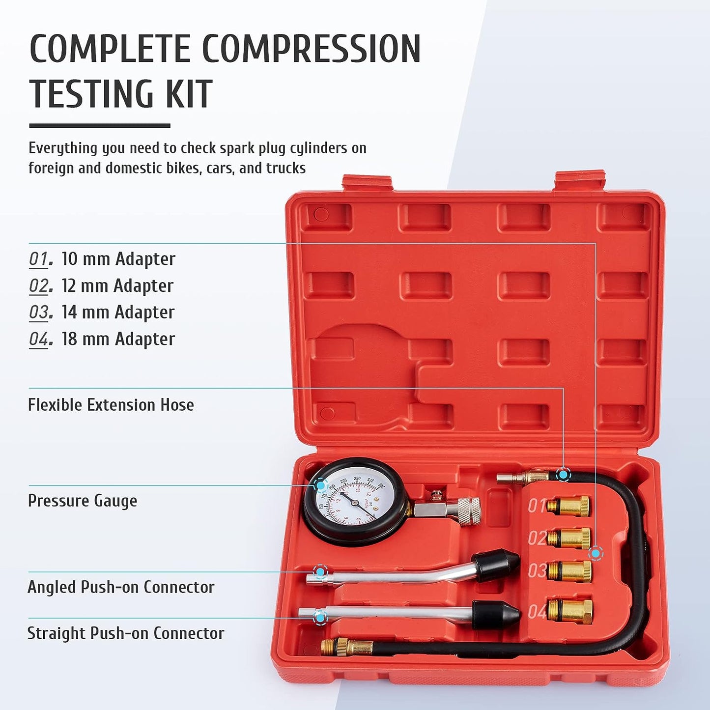 OMT Probador de compresión, 8 manómetro de presión de cilindro de motor para motor de gasolina, probador de compresión de motor de 0-300 PSI, automotriz con adaptadores para coches, camiones, motocicletas, marines ATV UTV