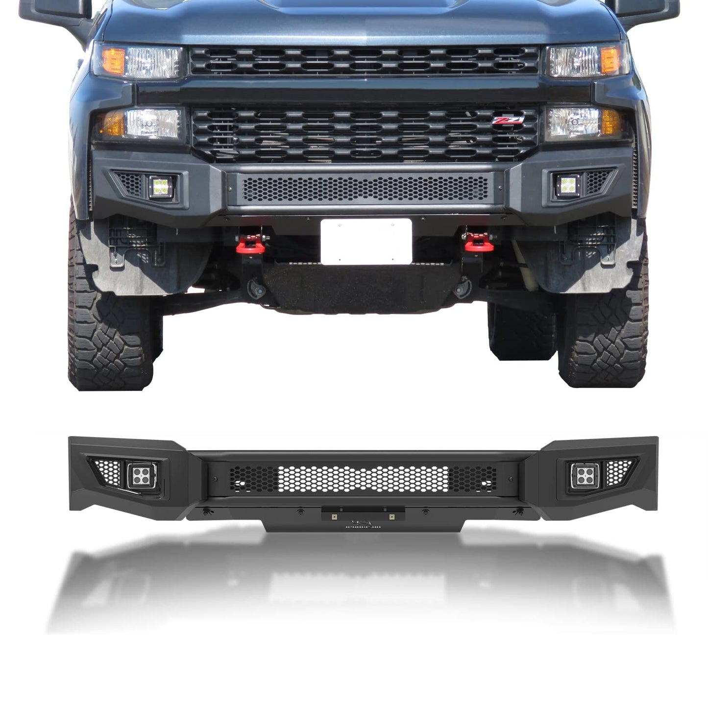 Parachoques delantero para Chevy Silverado 1500 2019-2021 (excepto Silverado 1500 LD) 2019 – 2021 con 2 luces LED antiniebla, puede añadir luz LED de 30 pulgadas, textura fina, color negro