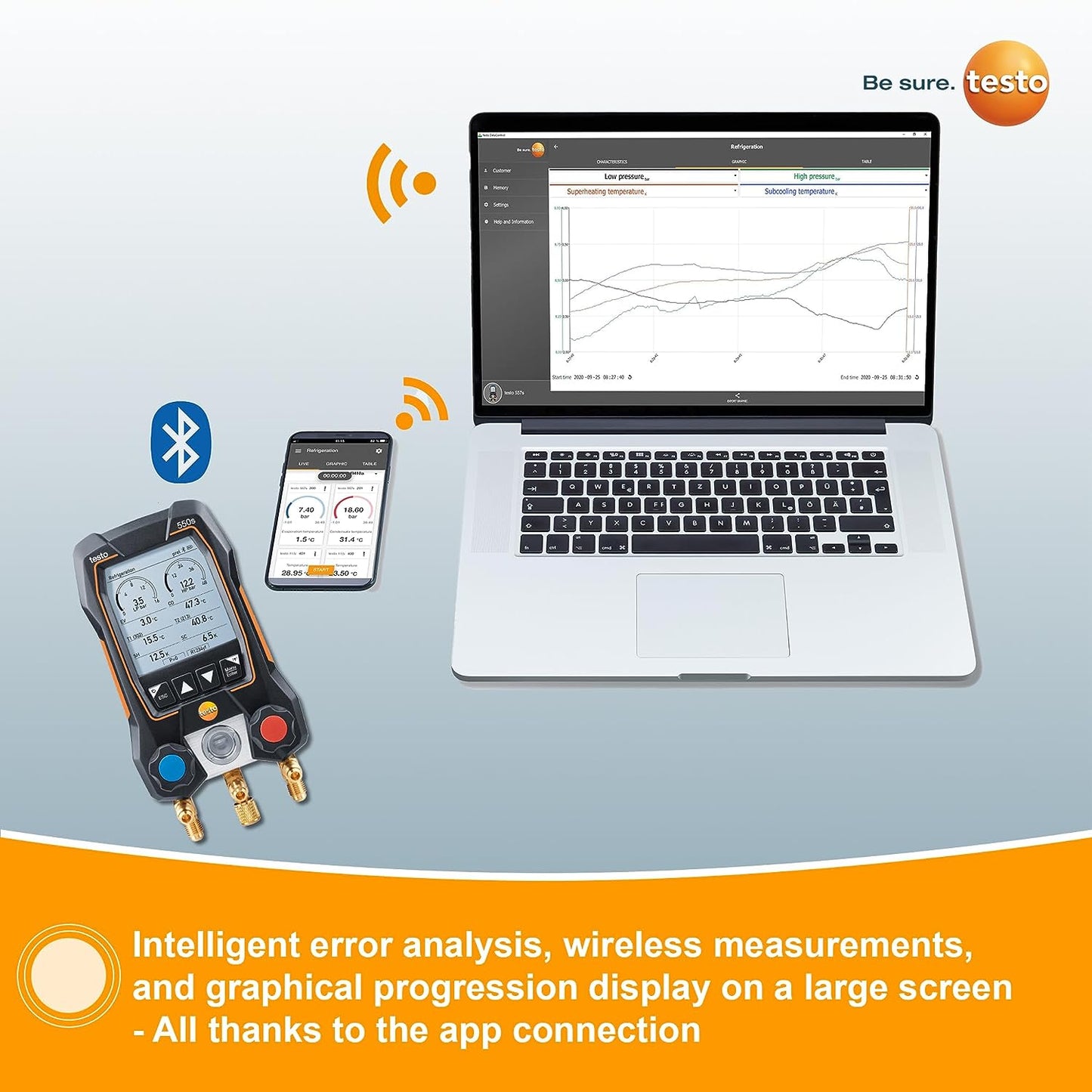 Testo 550s AC Manifold Gauge Set – Manifold Gauges Hvac and Refrigeration – Incl. 2 Wired Temperature Clamp Probes – AC Recharge Kit with superheat, subcooling – AC Gauge Set with Bluetooth