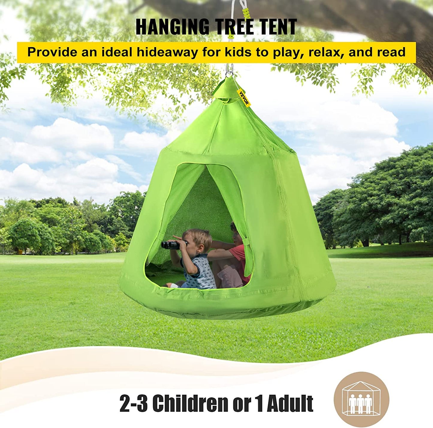 VEVOR Tienda de campaña colgante para árbol, capacidad máxima de 440 libras, tienda de campaña para árbol con cojín inflable de luz LED arco iris, hamaca de techo para niños y adultos, interior y exterior, verde