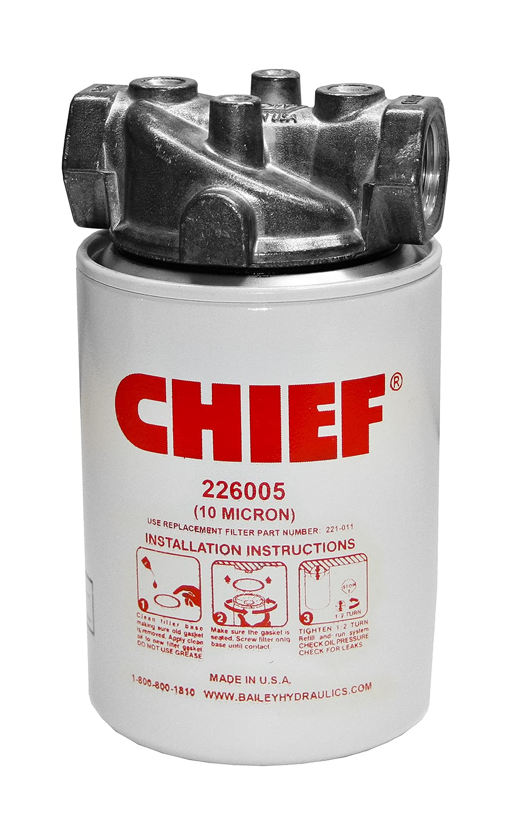 Chief Conjunto de filtros giratorios - Filtro hidráulico de 10 micrones - Conjunto de filtro hidráulico con derivación de 15 PSI 250 PSI, 25 GPM, puerto de entrada/salida NPTF de 3/4 pulgadas, rosca de 1 a 12, sin puerto indicador