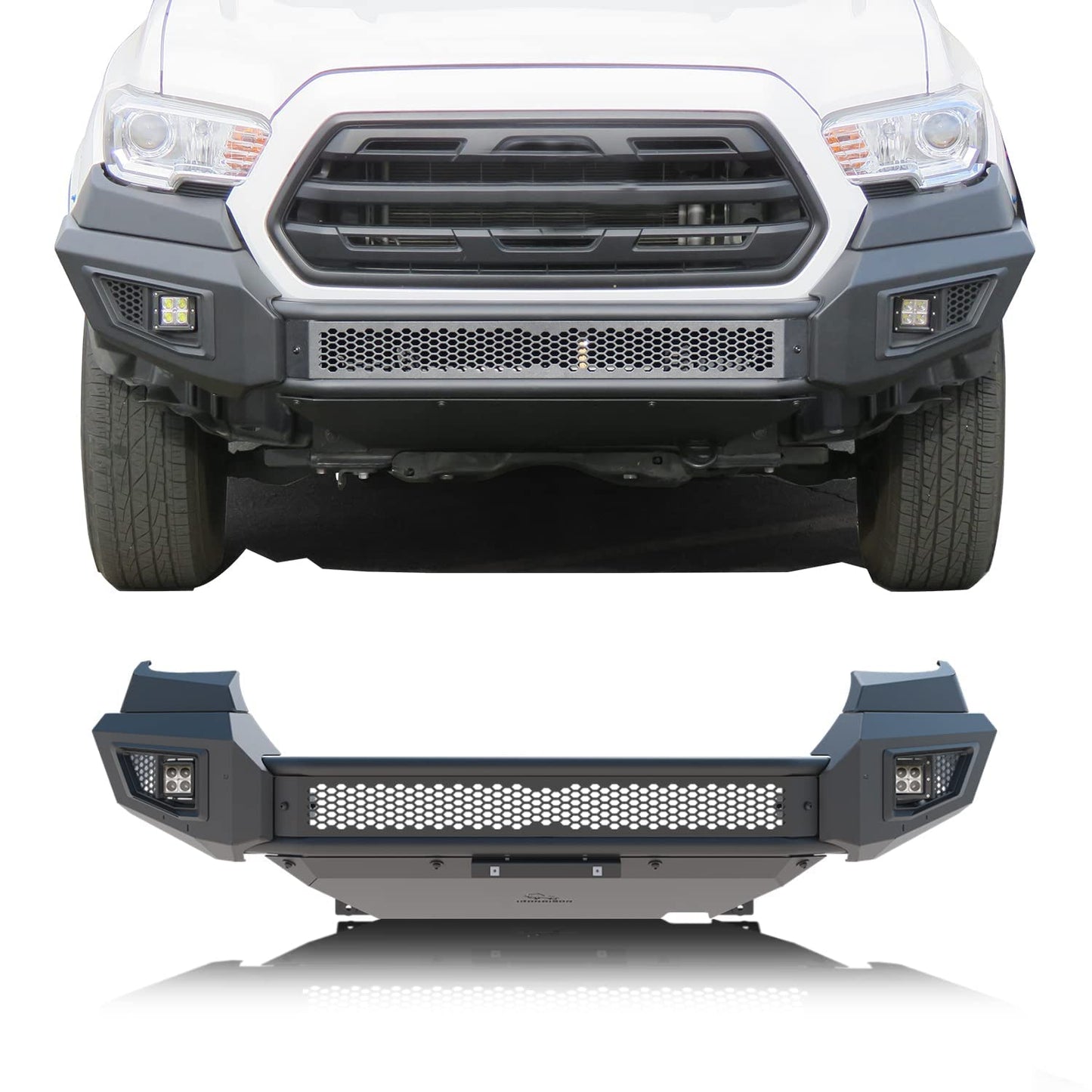 IRONBISON Parachoques delantero compatible con Toyota Tacoma 2016-2023, protector de parachoques de acero todoterreno con 2 luces LED antiniebla, protector de salpicaduras que puede añadir una barra de luz LED de 30 pulgadas
