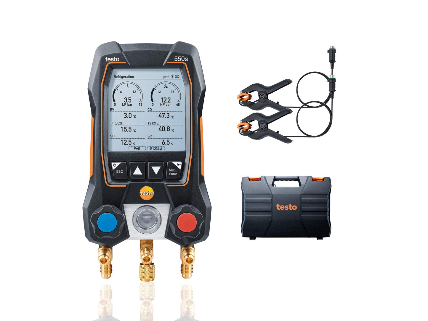 Testo 550s AC Manifold Gauge Set – Manifold Gauges Hvac and Refrigeration – Incl. 2 Wired Temperature Clamp Probes – AC Recharge Kit with superheat, subcooling – AC Gauge Set with Bluetooth