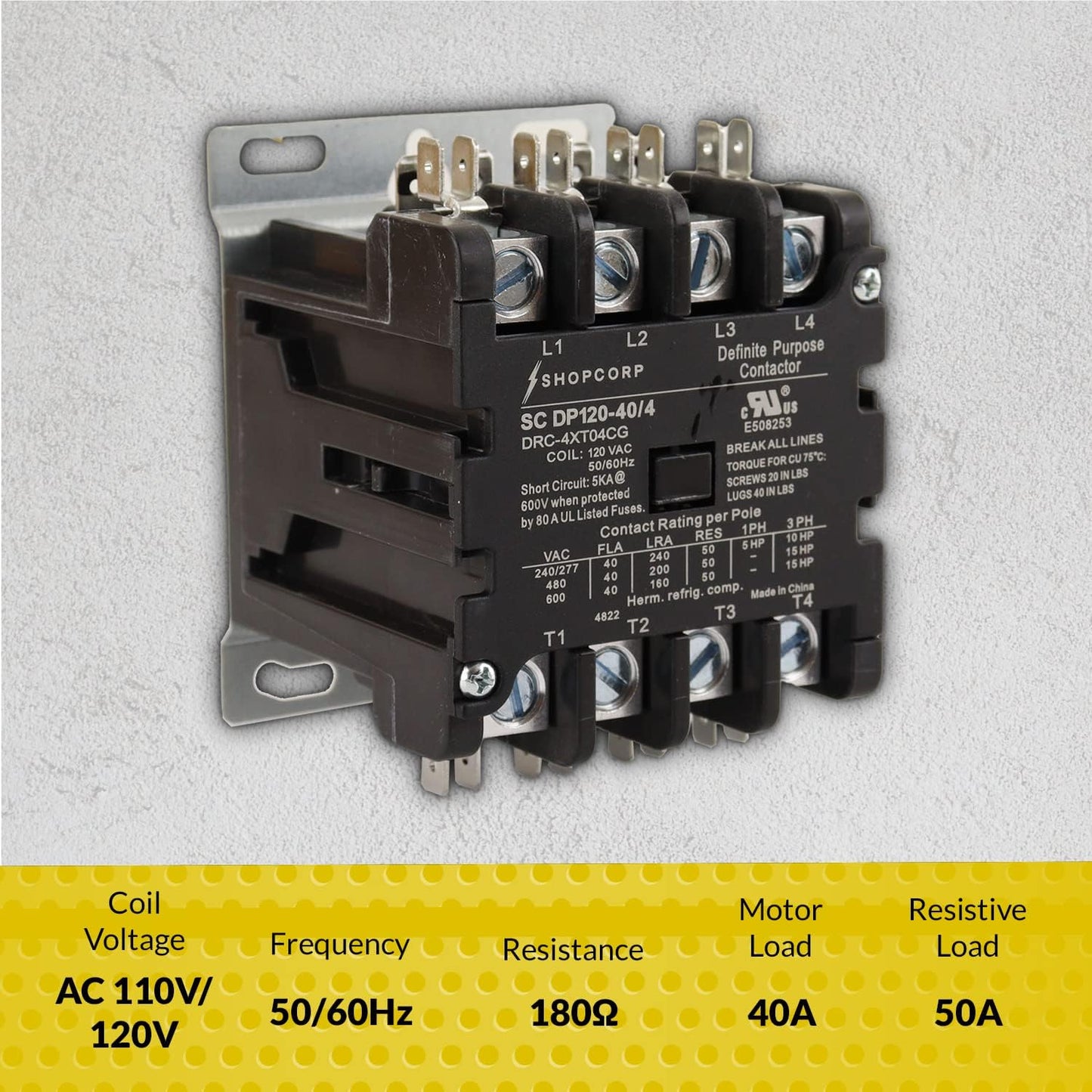 Shopcorp Contactor magnético de propósito definido de 40 A, 4 polos, NO 600 V, HVAC, iluminación y refrigeración, bobina de 110/120 V, carga del motor 40A, aire acondicionado y bomba de calor
