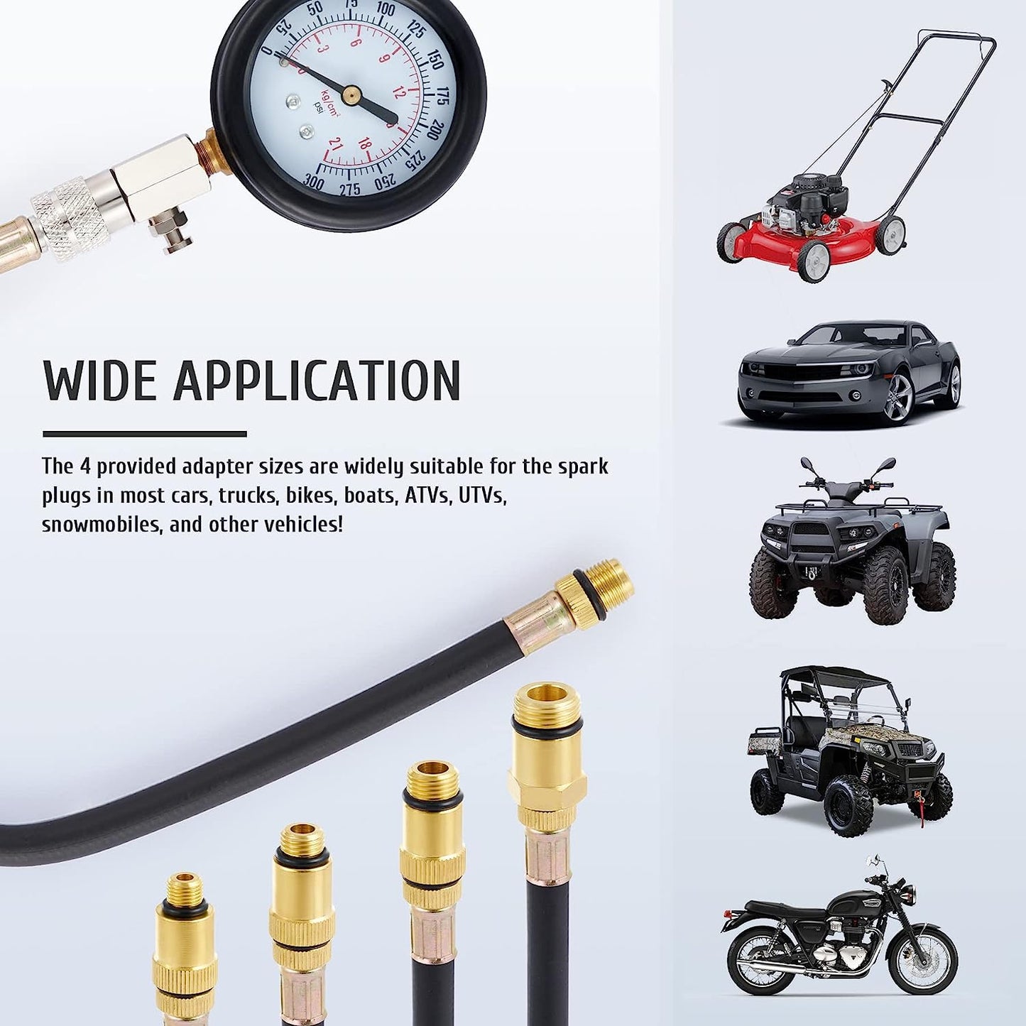 OMT Probador de compresión, 8 manómetro de presión de cilindro de motor para motor de gasolina, probador de compresión de motor de 0-300 PSI, automotriz con adaptadores para coches, camiones, motocicletas, marines ATV UTV