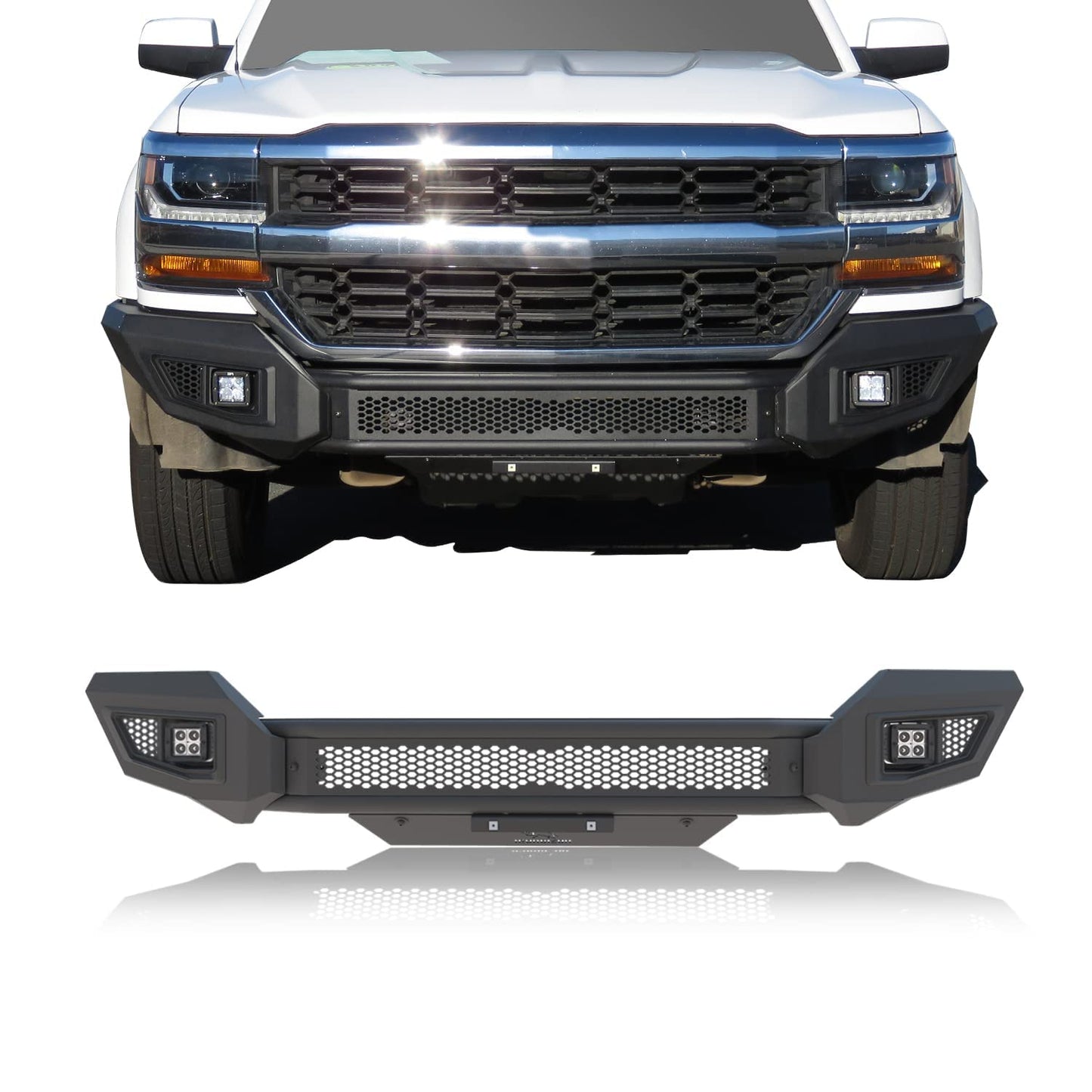Parachoques delantero compatible con Chevy Silverado 1500 2016-2018 para camioneta todoterreno con 2 luces LED antiniebla, protector contra salpicaduras que puede añadir luz LED de 30 pulgadas, negro texturizado fino