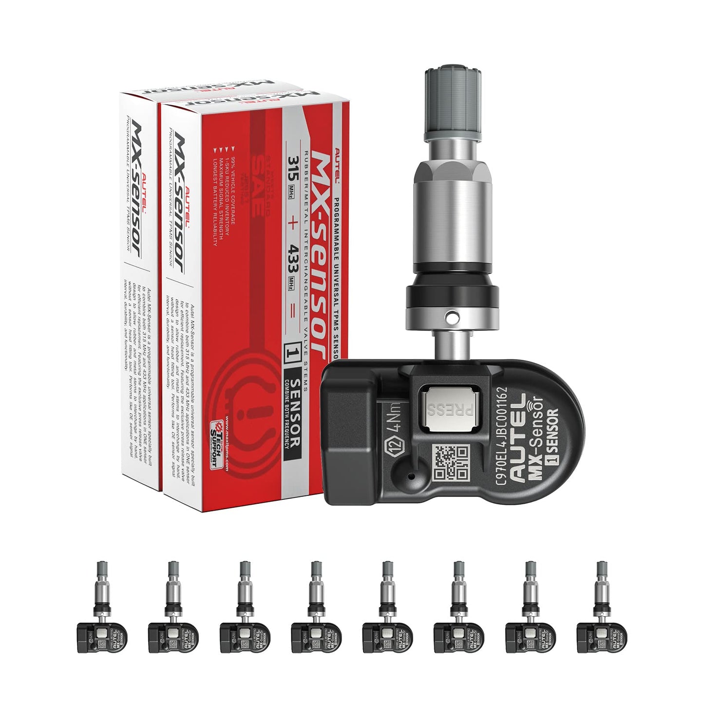 Autel Sensor TPMS, sensor MX-2 en 1 (315 MHz + 433 MHz) para el 99% de los automóviles, programación inalámbrica 100% clonable, igual que los sensores OE, duración de la batería de 6 años (válvula de metal a presión, 8 piezas)