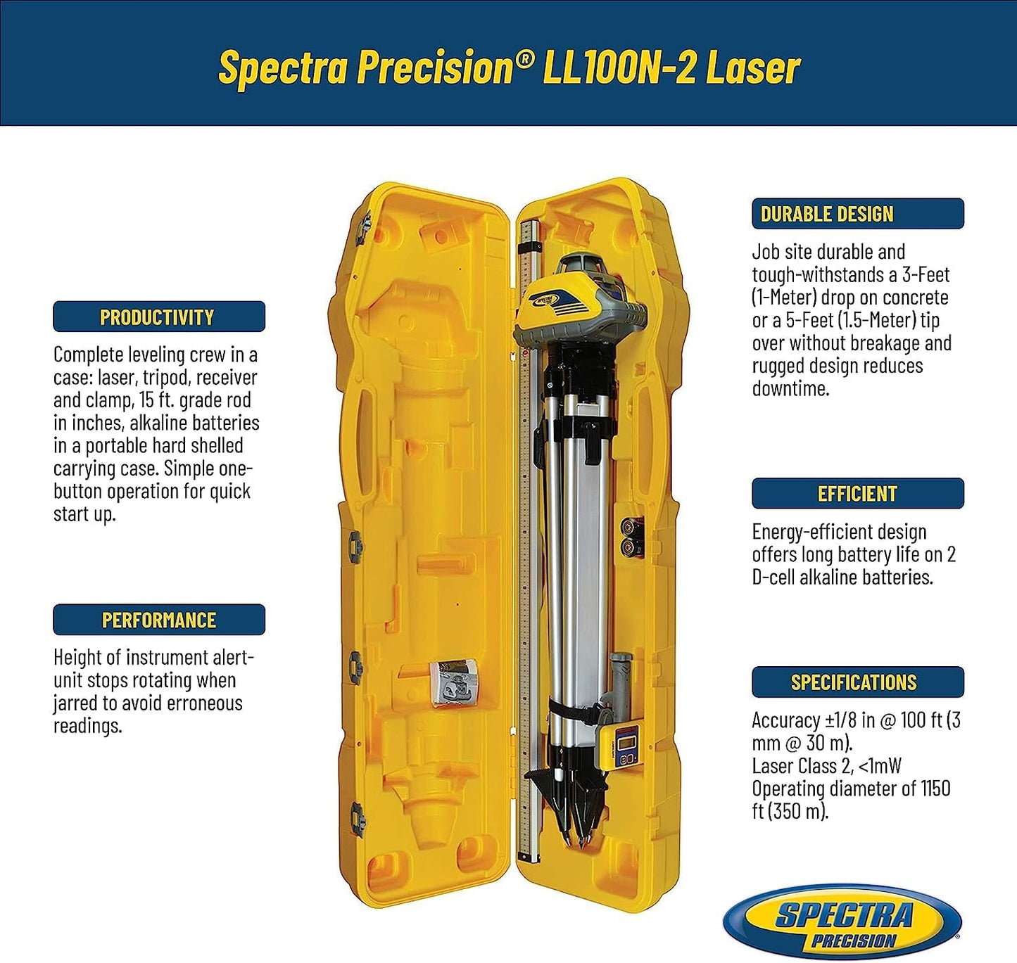 Spectra Precision LL100N-2 Kit de nivel láser con receptor y abrazadera HR320, varilla de grado de 15 pies (pulgadas), trípode y caja del sistema, amarillo