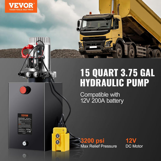 Mophorn 12V/DC Hydraulic Pump 15 Quart/ 3.9 Gallon Double Acting Metal Reservoir Hydraulic Pump Unit Remotely Controlled for Dump Trailer