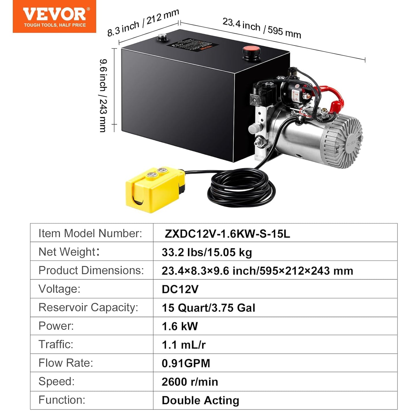 Mophorn 12V/DC Hydraulic Pump 15 Quart/ 3.9 Gallon Double Acting Metal Reservoir Hydraulic Pump Unit Remotely Controlled for Dump Trailer