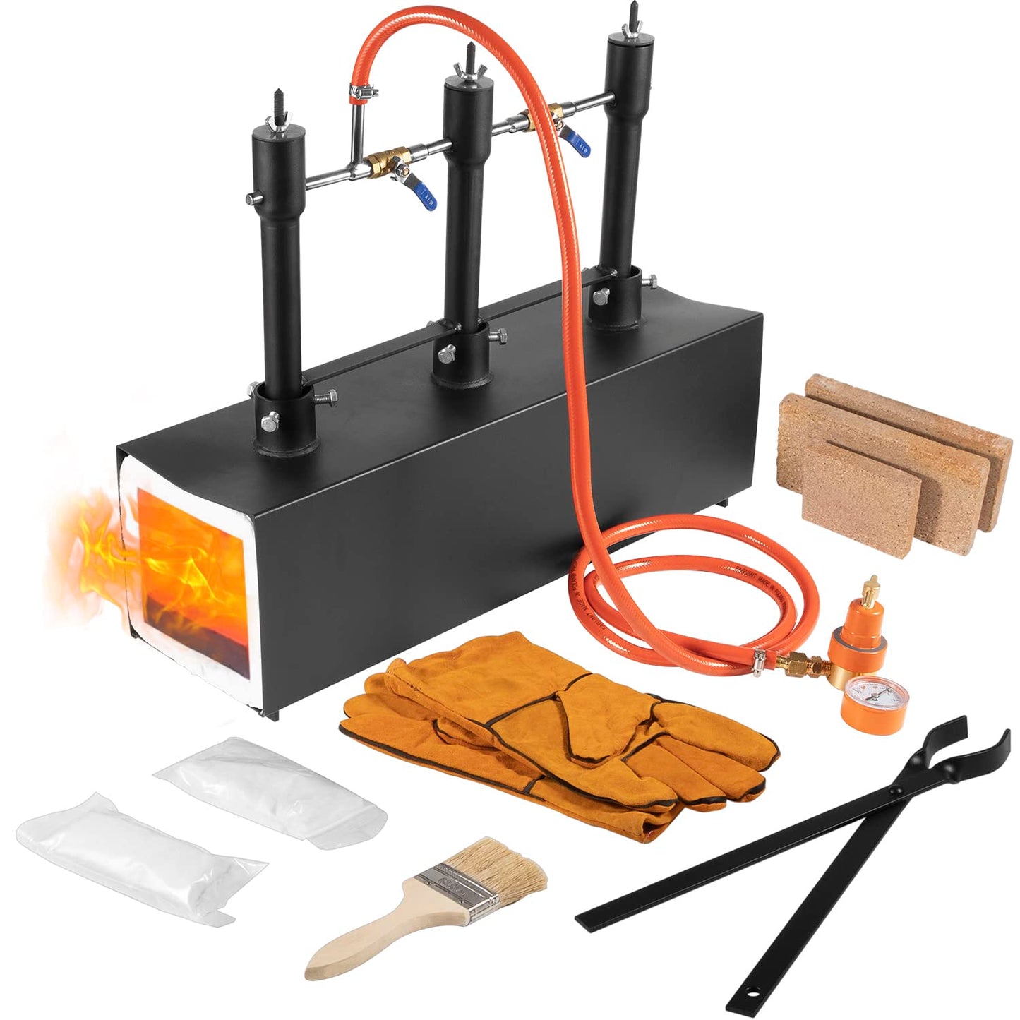 DFPROF3b - Forja de propano portátil de triple quemador, 1370 °C, forja de gas de gran capacidad cuadrada portátil con pinzas y guantes para herrería, herramientas de forja y equipo