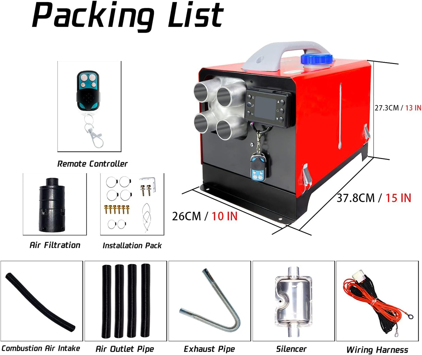 Calentador diésel todo en uno 5KW calentador de estacionamiento 12V 24V carcasa de aluminio calentador de aire diesel con control remoto monitor LCD tanque 5L para coche/RV/barco/camión/furgoneta/autobús (rojo)