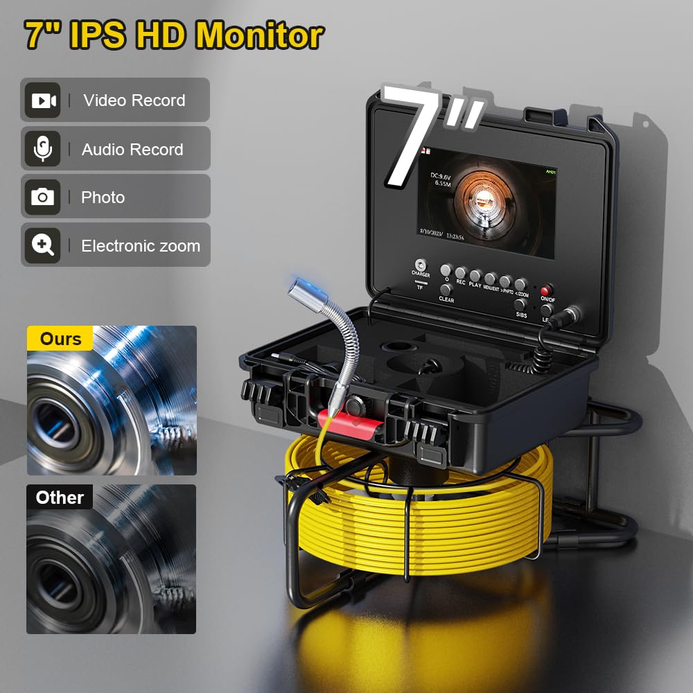 Cámara de alcantarillado con 512Hz Sonde autonivelante, cámara de inspección de tuberías con grabadora DVR, endoscopio con contador de medidor, 12 luces LED para fontanería de 66 pies/65.6 ft (tarjeta SD de 16 GB incluida)