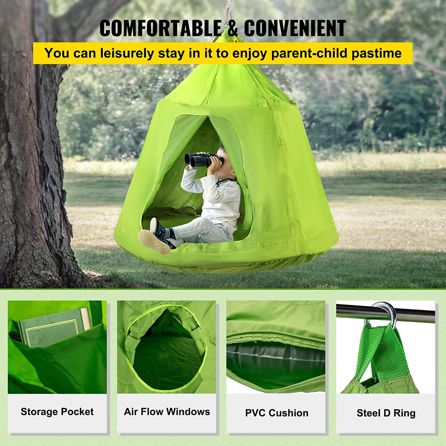 VEVOR Tienda de campaña colgante para árbol, capacidad máxima de 440 libras, tienda de campaña para árbol con cojín inflable de luz LED arco iris, hamaca de techo para niños y adultos, interior y exterior, verde