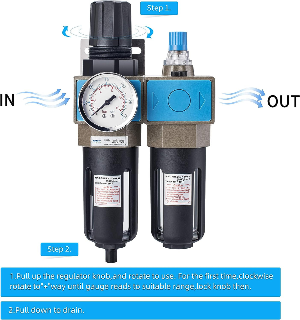 NANPU Lubricador regulador de filtro de aire comprimido NPT de 1/4" (FRL), elemento de latón de 5 micrones, calibre de 0-150 psi, drenaje manual, soporte de metal