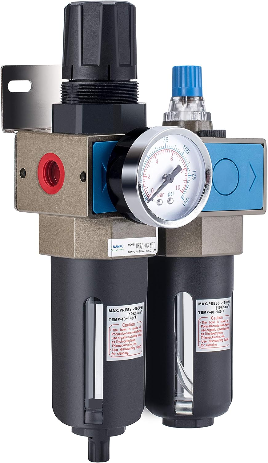 NANPU Lubricador regulador de filtro de aire comprimido NPT de 1/4" (FRL), elemento de latón de 5 micrones, calibre de 0-150 psi, drenaje manual, soporte de metal