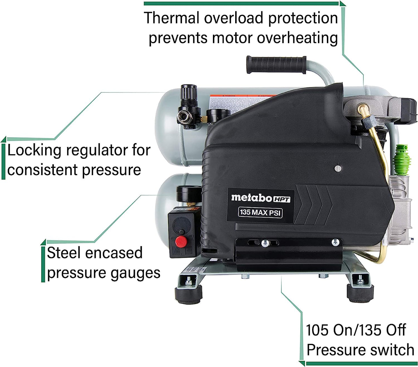 Metabo HPT Compresor de aire, 4 galones, eléctrico, doble pila, portátil, hierro fundido, bomba lubricada con aceite, 135 PSI, garantía de 1 año (EC99S)