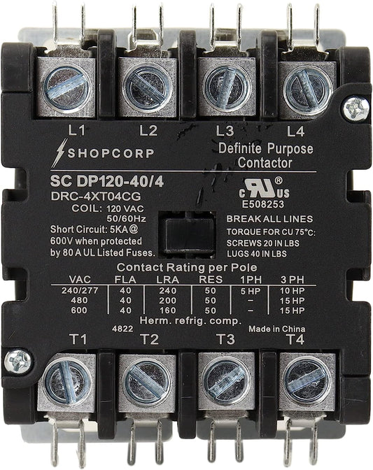 Shopcorp Contactor magnético de propósito definido de 40 A, 4 polos, NO 600 V, HVAC, iluminación y refrigeración, bobina de 110/120 V, carga del motor 40A, aire acondicionado y bomba de calor