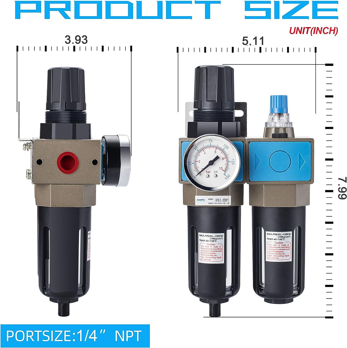 NANPU Lubricador regulador de filtro de aire comprimido NPT de 1/4" (FRL), elemento de latón de 5 micrones, calibre de 0-150 psi, drenaje manual, soporte de metal