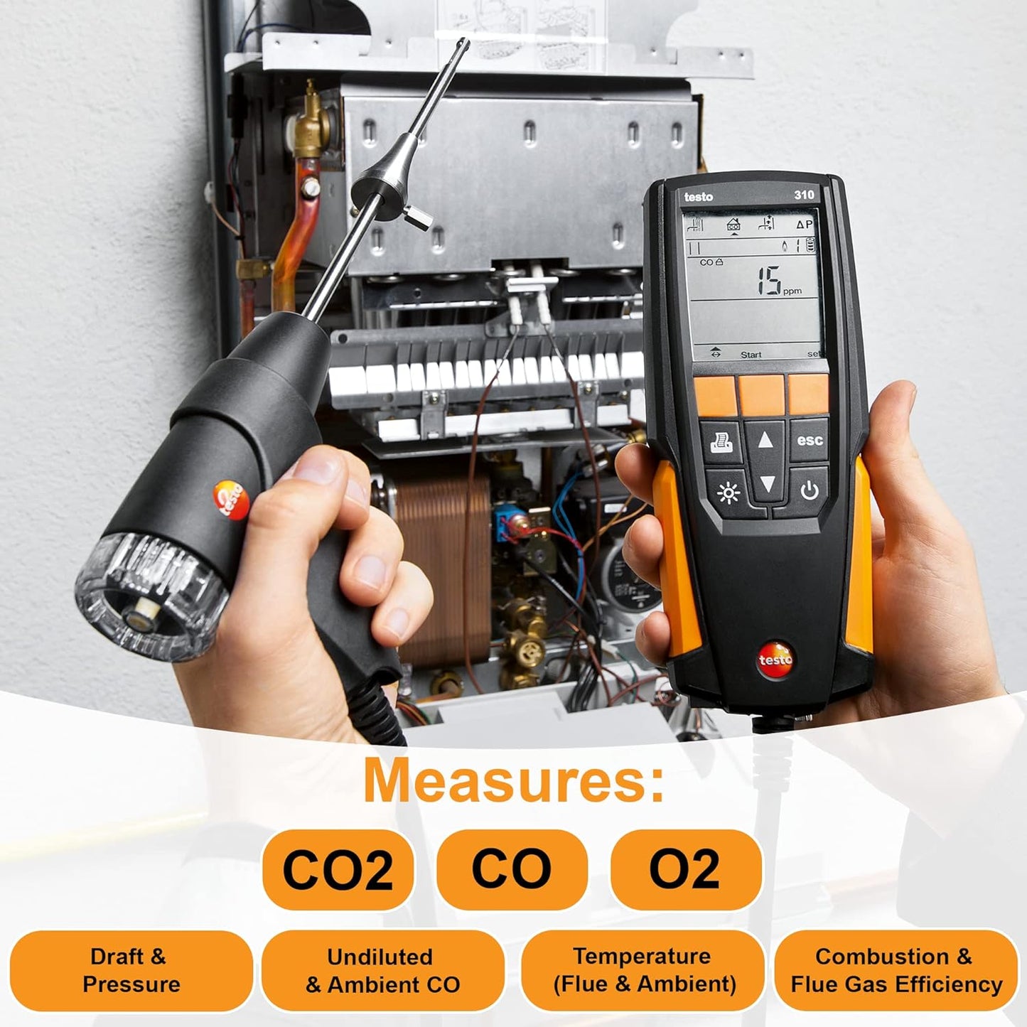 testo Kit de analizador de combustión residencial 310 I I I Kit de detector de gases de combustión para sistemas de calefacción 0563 3100