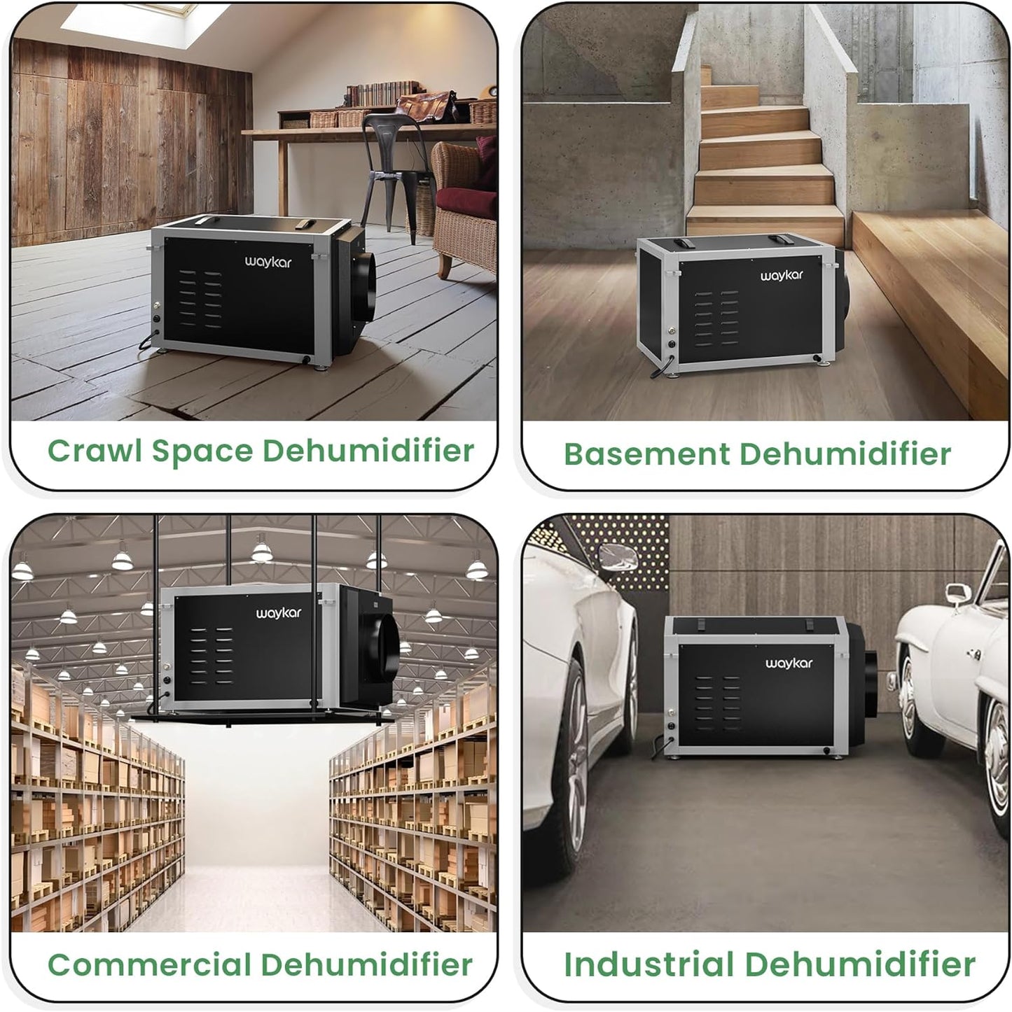 Waykar Deshumidificador comercial de 155 pintas, deshumidificador industrial para espacios de arrastre con manguera, sótanos, casas enteras