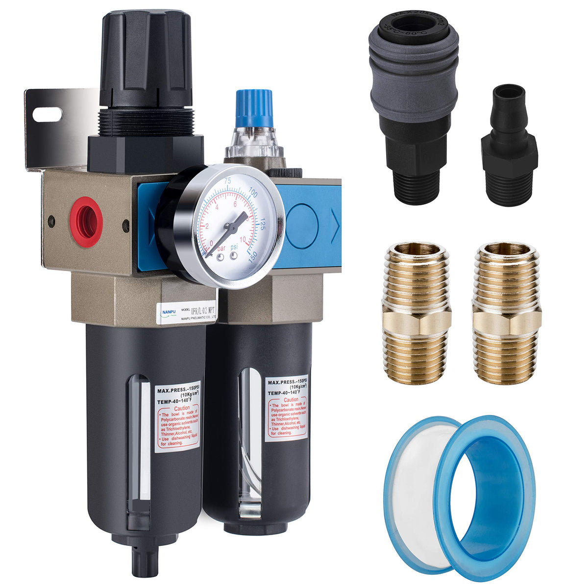 NANPU Lubricador regulador de filtro de aire comprimido NPT de 1/4" (FRL), elemento de latón de 5 micrones, calibre de 0-150 psi, drenaje manual, soporte de metal