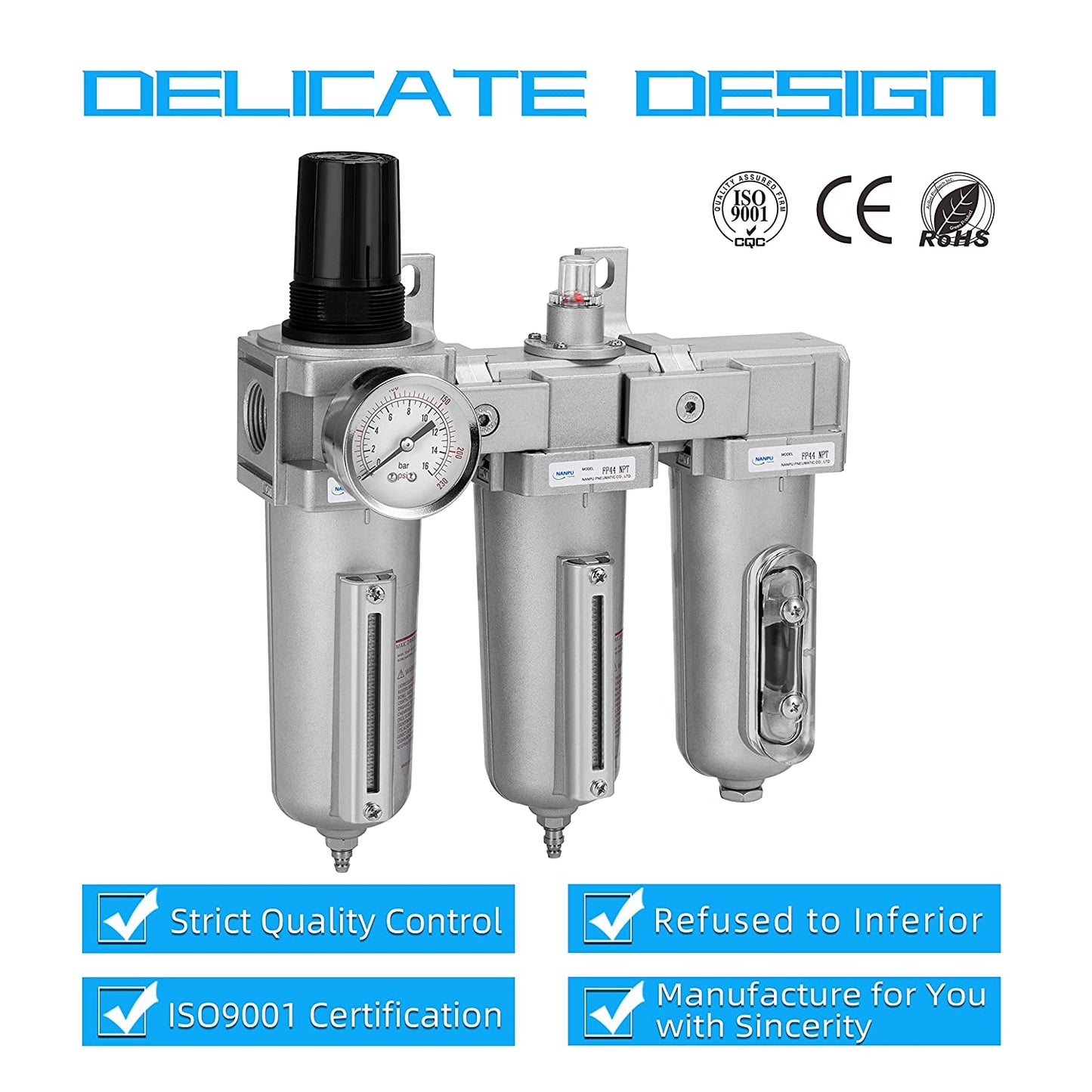 NANPU Sistema de secado de aire NPT de grado industrial de 3 etapas de 1/2 pulgadas, filtro de partículas, filtro coalescente, secadora desecante y regulador de aire, cuenco de metal, drenaje manual, adecuado para aerosol de pintura y cortador de plasma