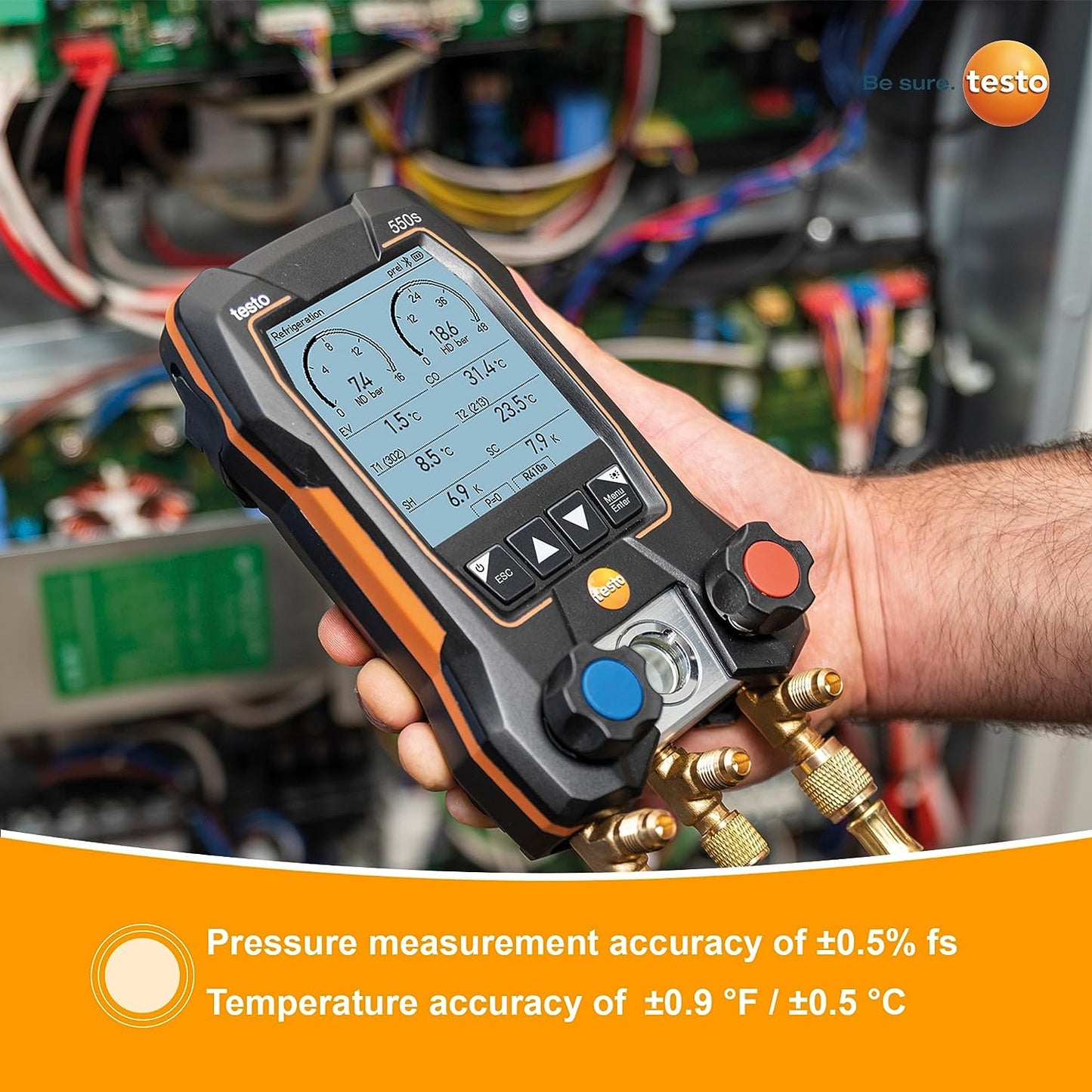 Testo 550s AC Manifold Gauge Set – Manifold Gauges Hvac and Refrigeration – Incl. 2 Wired Temperature Clamp Probes – AC Recharge Kit with superheat, subcooling – AC Gauge Set with Bluetooth