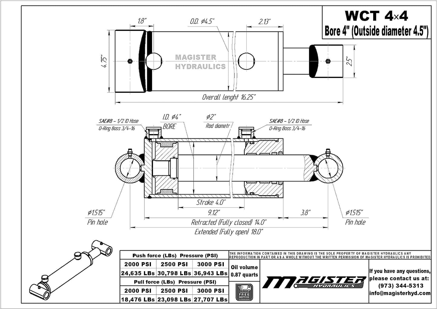 Cilindro hidráulico soldado Magister Hydraulics, tubo cruzado de doble acción, 4x4