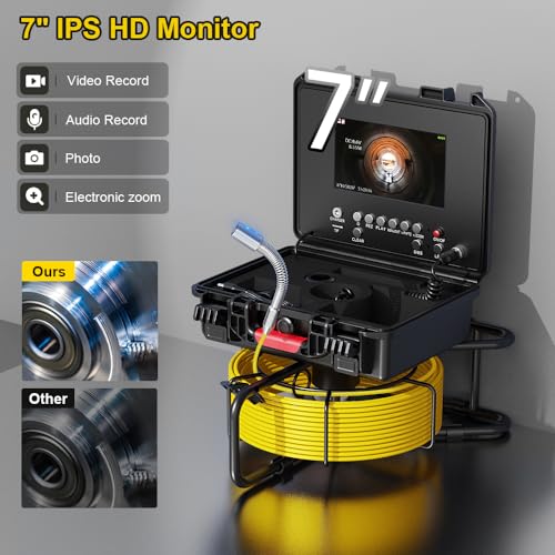 Cámara de alcantarillado con 512Hz Sonde autonivelante, cámara de inspección de tuberías con grabadora DVR, endoscopio con contador de medidor, 12 luces LED para fontanería de 66 pies/65.6 ft (tarjeta SD de 16 GB incluida)
