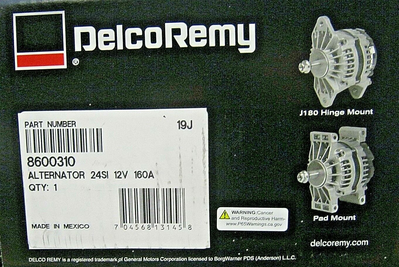 DELCO REMY 8600310 ALTERNATOR 12V 160A 24SI, J180 HINGE MOUNT