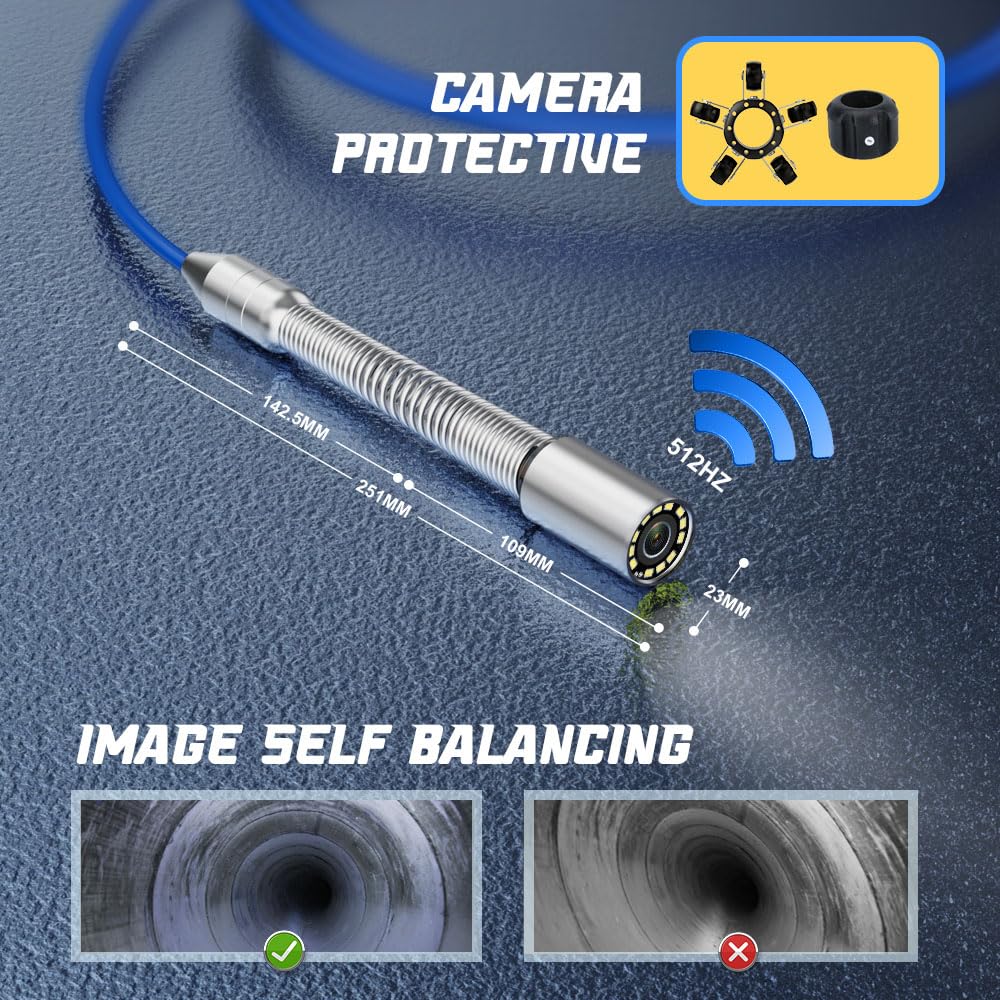 Cámara de alcantarillado con 512Hz Sonde autonivelante, cámara de inspección de tuberías con grabadora DVR, endoscopio con contador de medidor, 12 luces LED para fontanería de 66 pies/65.6 ft (tarjeta SD de 16 GB incluida)