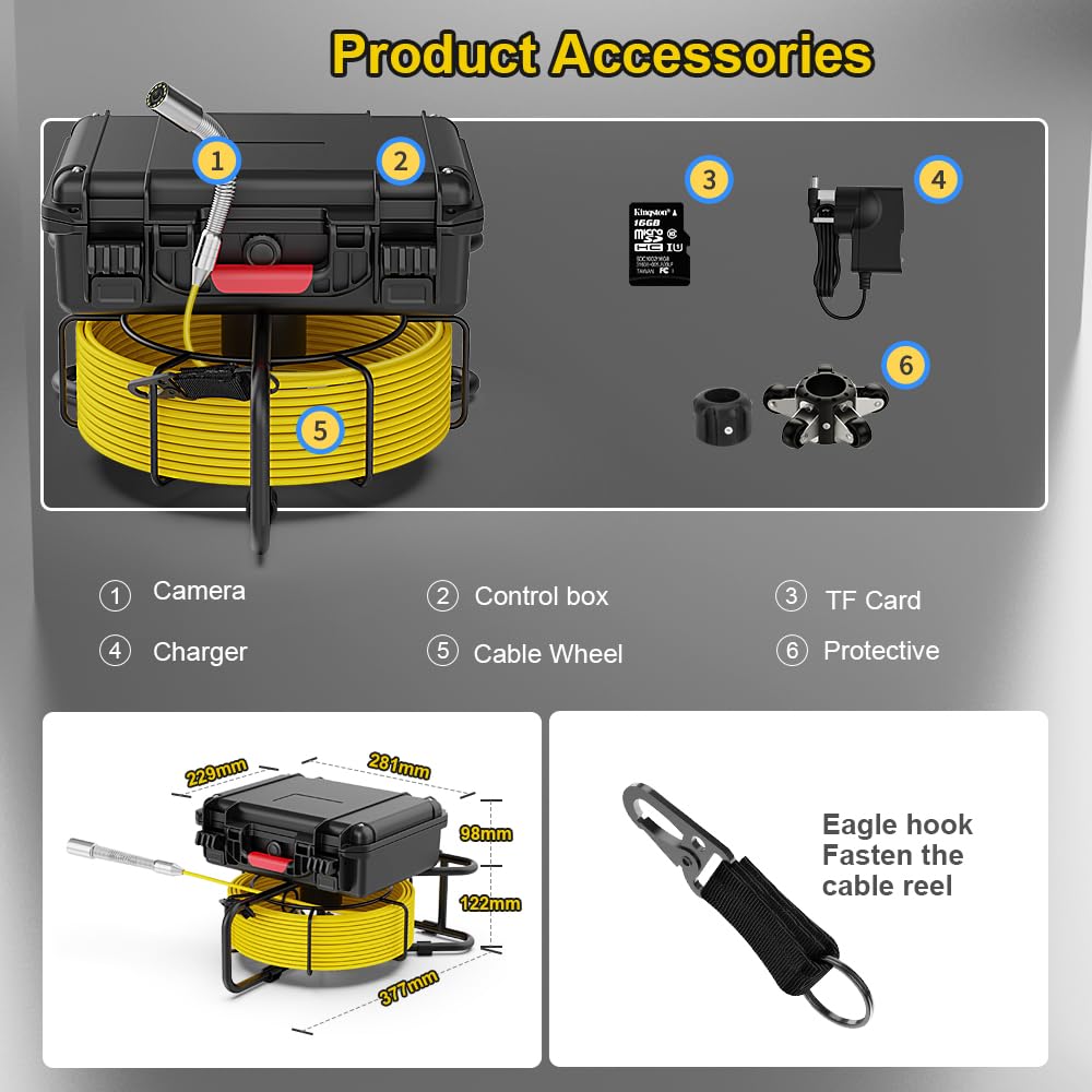 Cámara de alcantarillado con 512Hz Sonde autonivelante, cámara de inspección de tuberías con grabadora DVR, endoscopio con contador de medidor, 12 luces LED para fontanería de 66 pies/65.6 ft (tarjeta SD de 16 GB incluida)