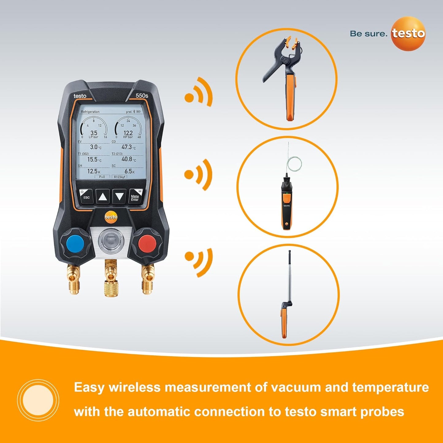 Testo - Kit automotriz 550i con colector digital operado vía aplicación, abrazadera de tubo, termómetro para aire acondicionado, sistemas de refrigeración, bombas de calor y Bluetooth