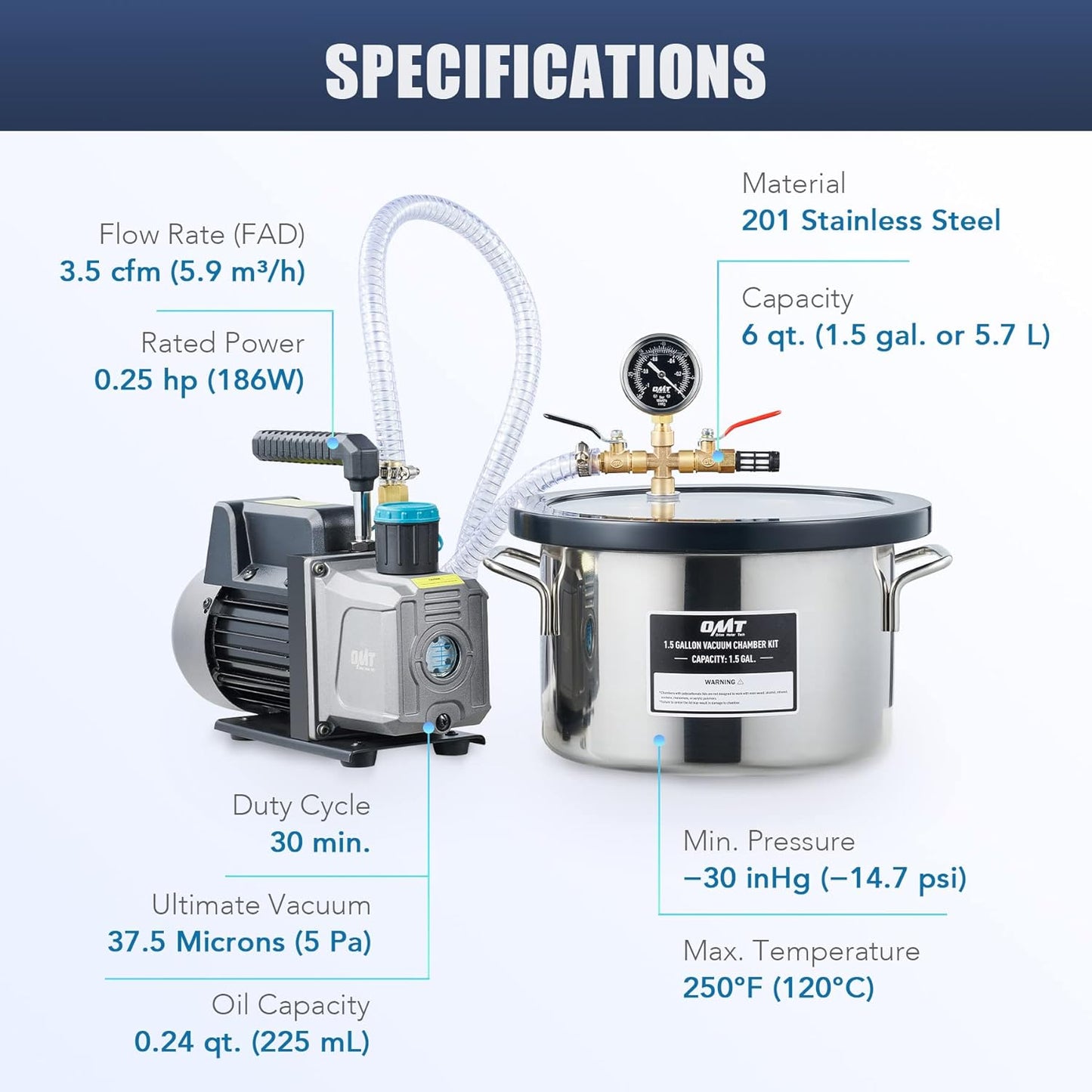 Orion Motor Tech Cámara de Vacío y Bomba de 3 Galones, kit de Desgasificación de Resina Epoxi, Cámara de Vacío de Acero Inoxidable y Bomba de Vacío de 3.5 CFM para el Hogar (3 Galones)