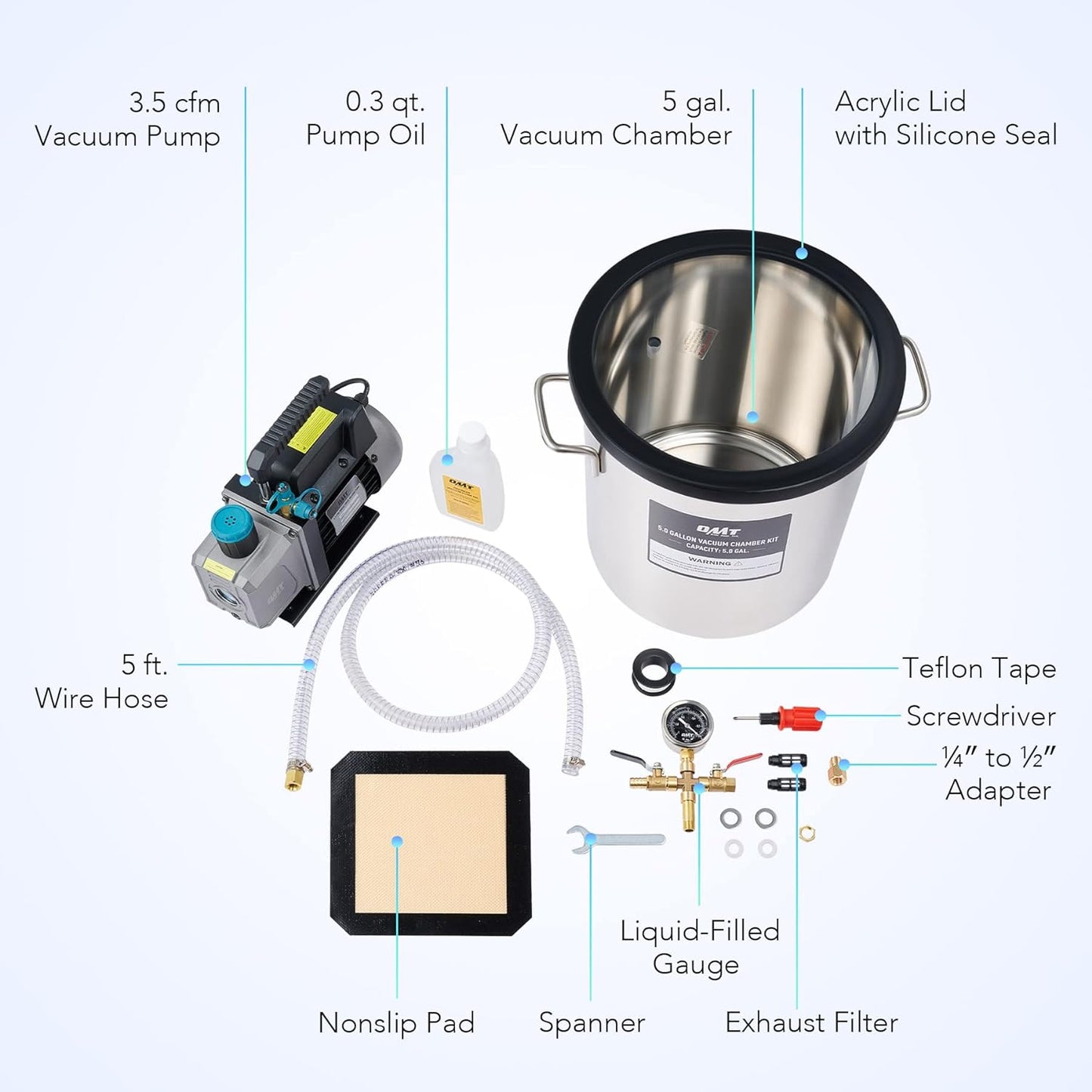 Orion Motor Tech Cámara de Vacío y Bomba de 3 Galones, kit de Desgasificación de Resina Epoxi, Cámara de Vacío de Acero Inoxidable y Bomba de Vacío de 3.5 CFM para el Hogar (3 Galones)
