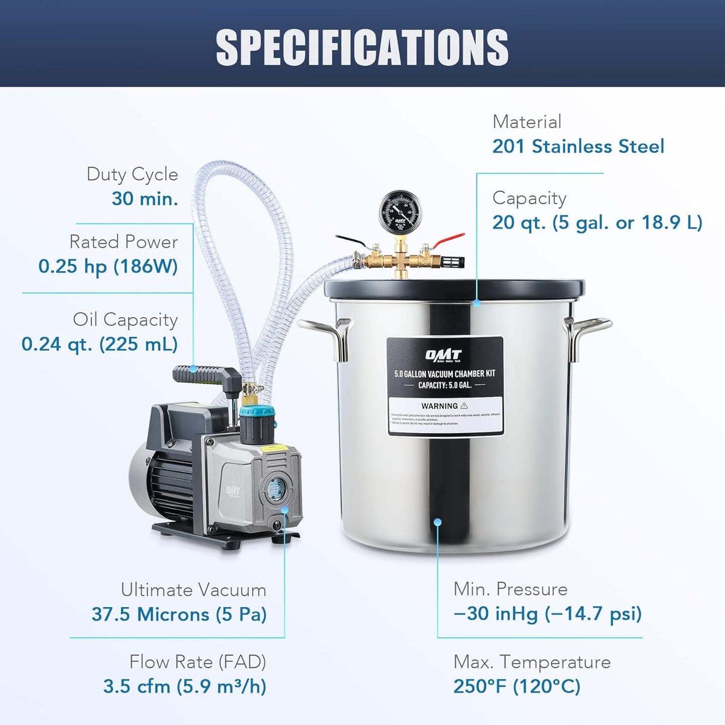 Orion Motor Tech Cámara de Vacío y Bomba de 3 Galones, kit de Desgasificación de Resina Epoxi, Cámara de Vacío de Acero Inoxidable y Bomba de Vacío de 3.5 CFM para el Hogar (3 Galones)