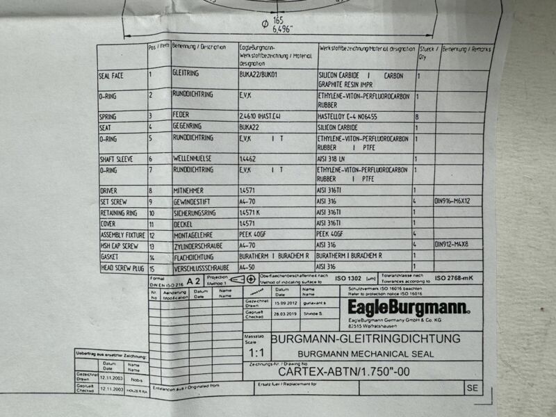 Eagle Burgmann CARTEX-ABTN/1.750"-00 316SS Mechanical Seal w/ Bushing